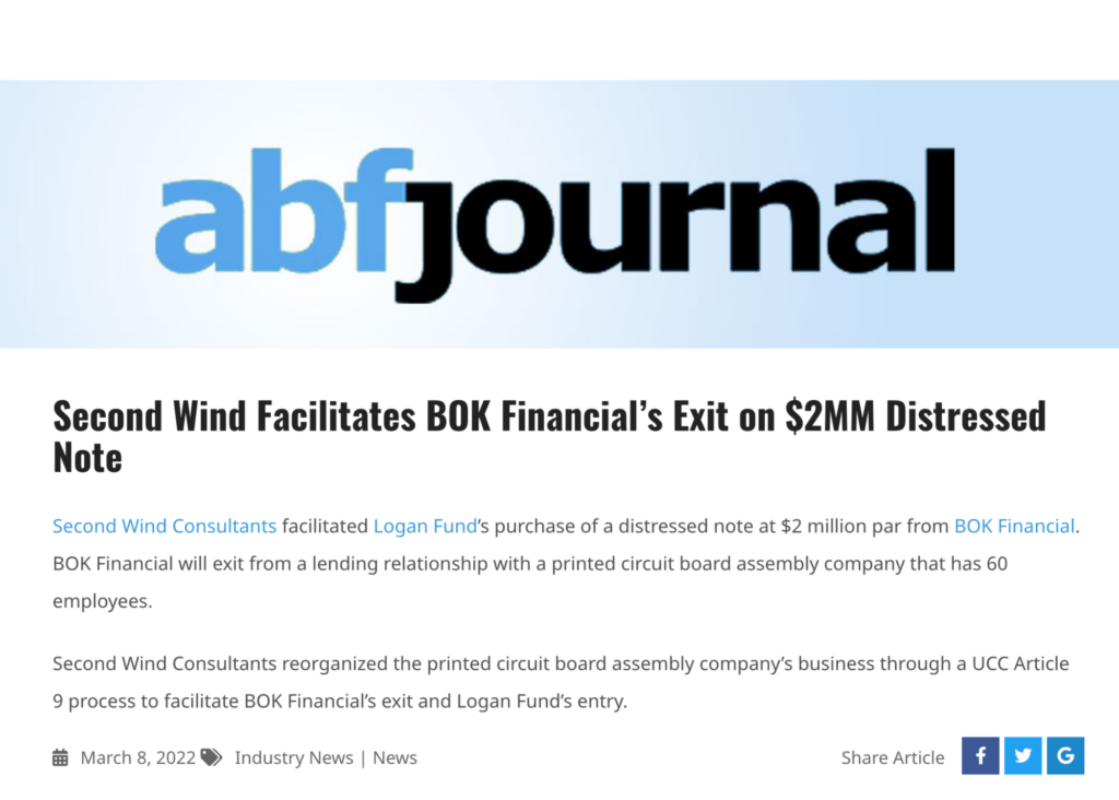 ABF Journal article dated March 8, 2022, with the headline "Second Wind Facilitates BOK Financial's Exit on $2MM Distressed Note."